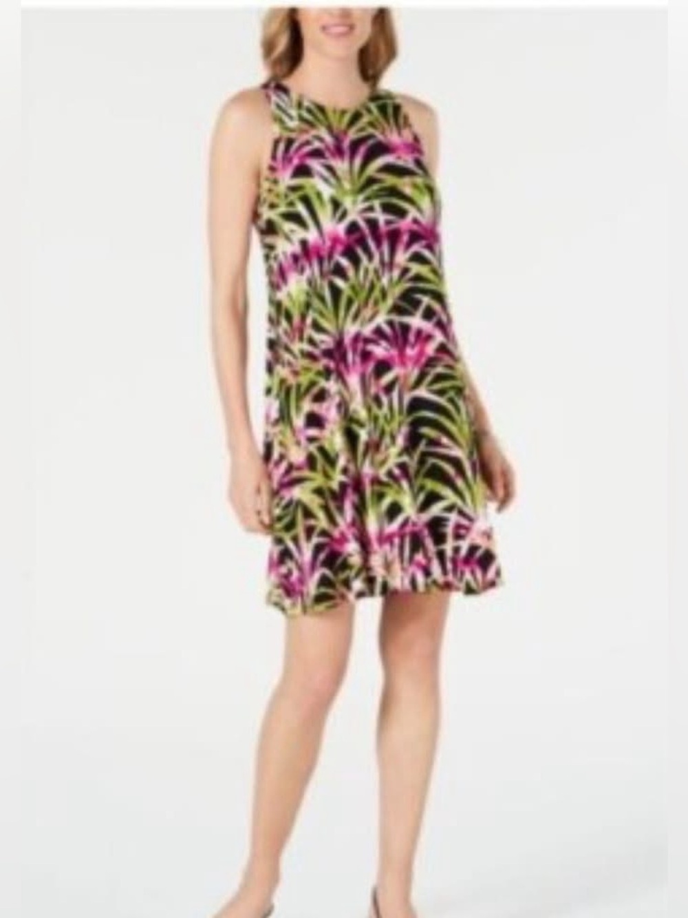 Kasper Black Dress with Pink and Green Tropical Print
